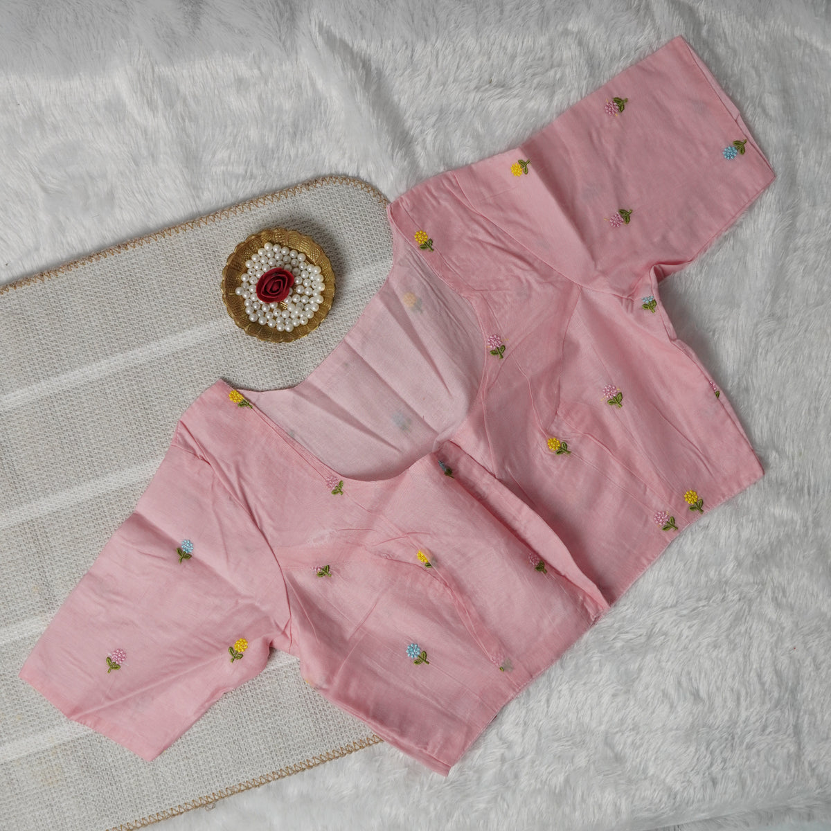 Flower Embroidery Work Pink Hand-Embroidered Cotton Blouse