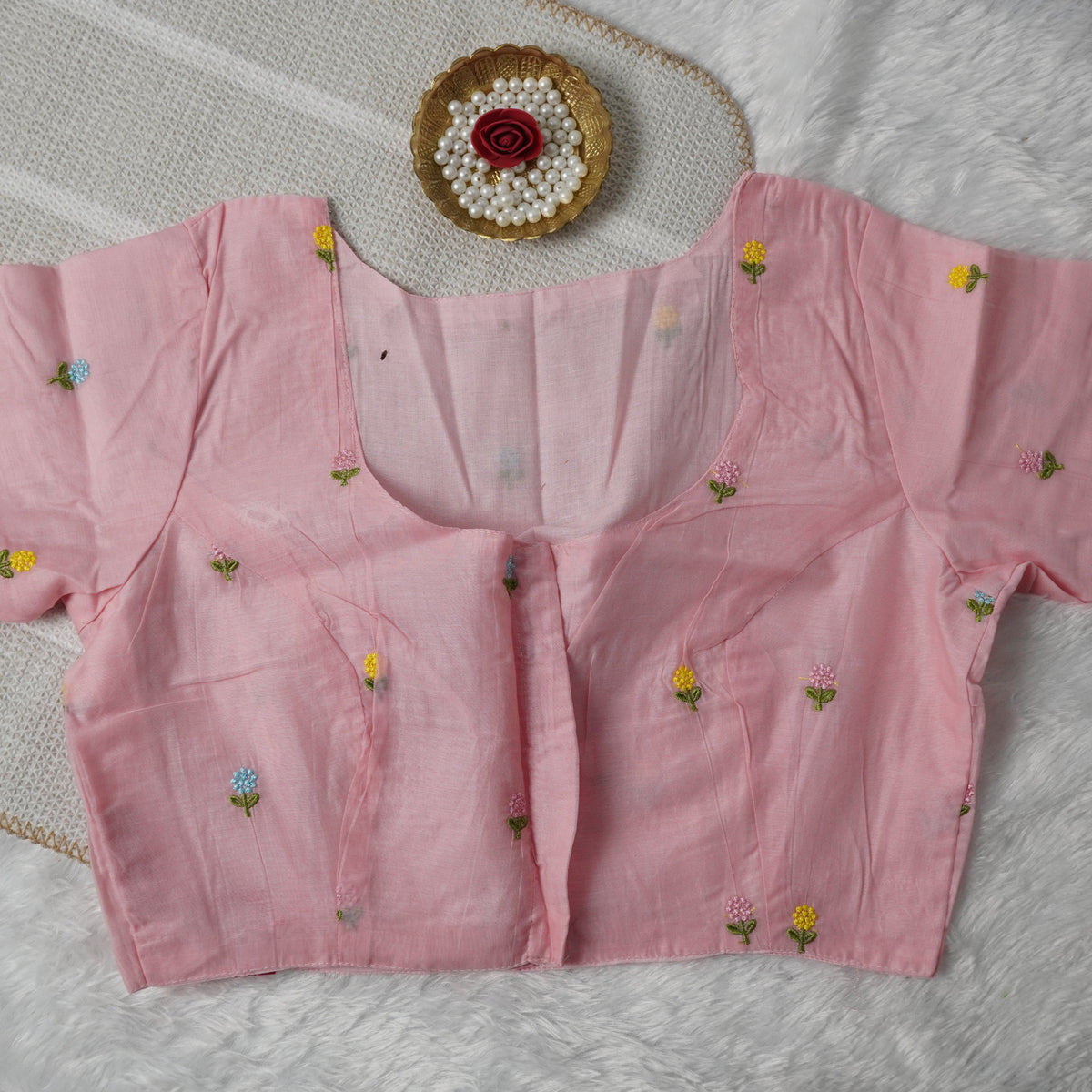 Flower Embroidery Work Pink Hand-Embroidered Cotton Blouse