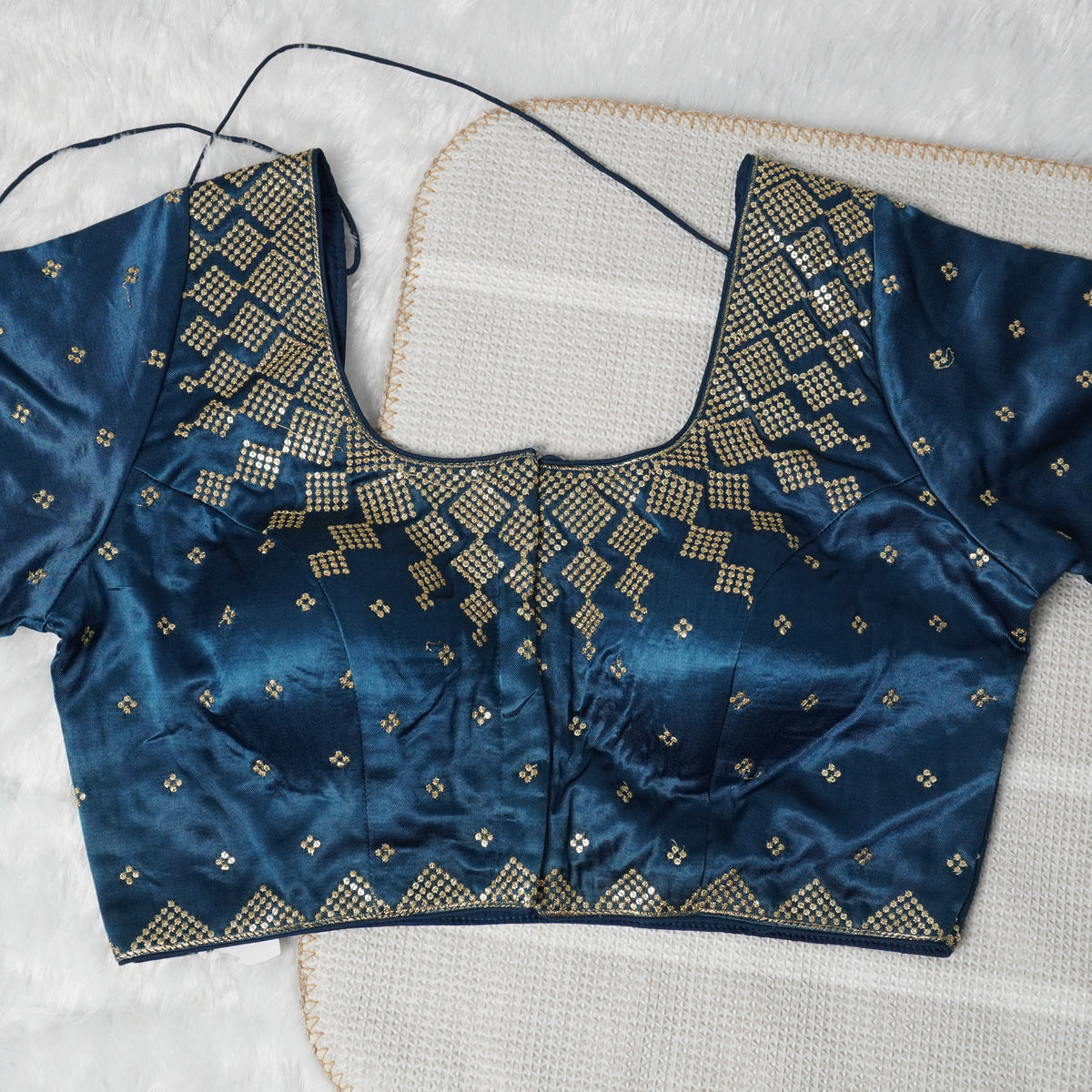 Peacock Blue Designer Blouse with Golden Detailing Readymade Blouse