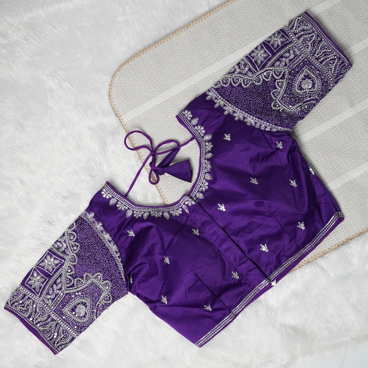 Silver Zari Coding and Sequence Embroidery Bridals Style Readymade Blouse