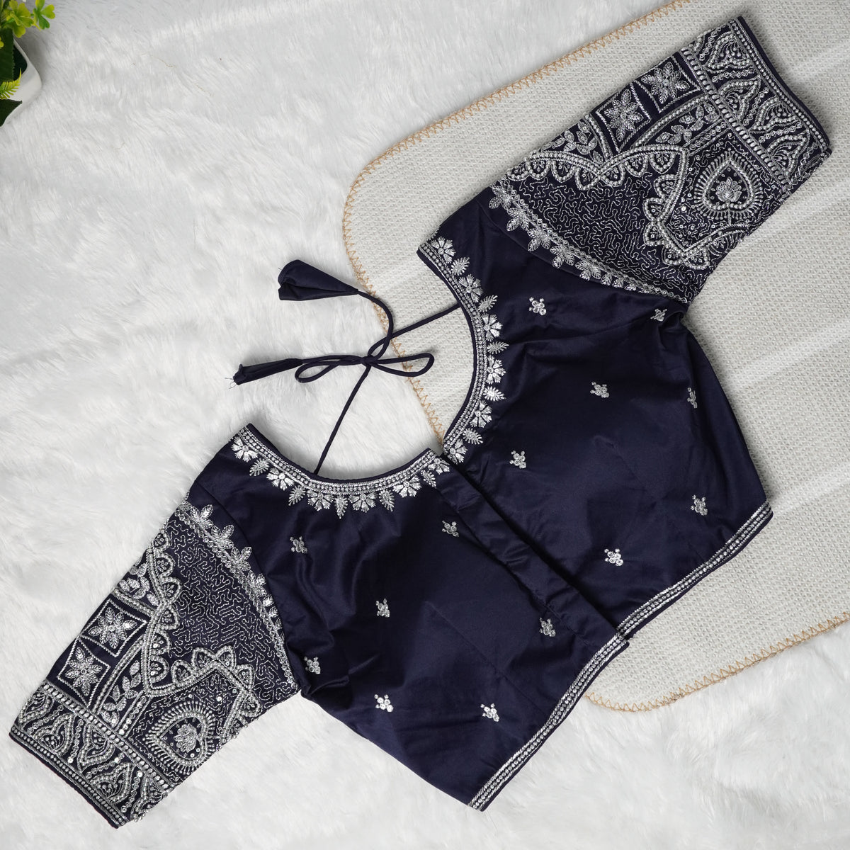 Silver Zari Coding and Sequence Embroidery Bridals Style Readymade Blouse