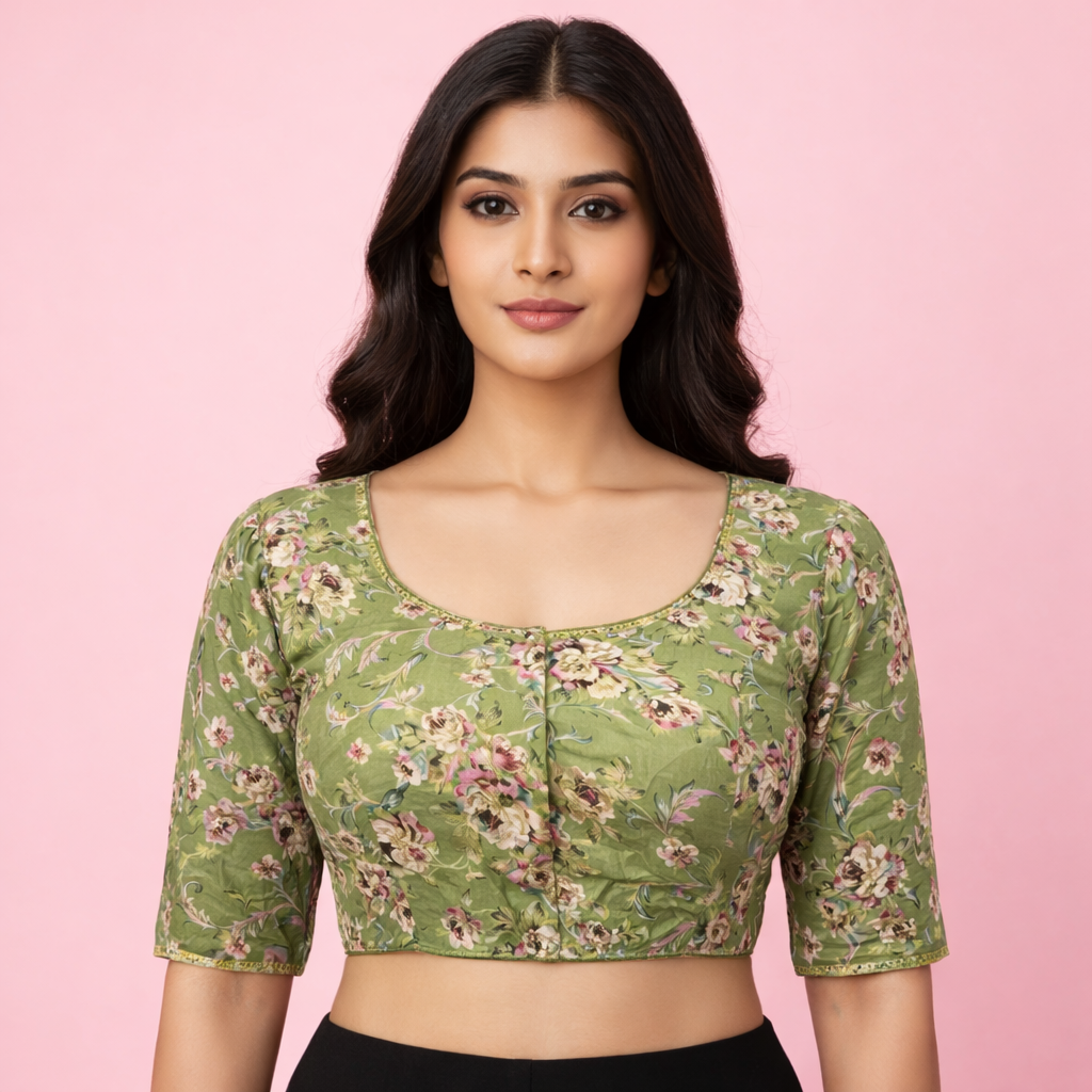 Designer Blouse with Floral Green Fabric