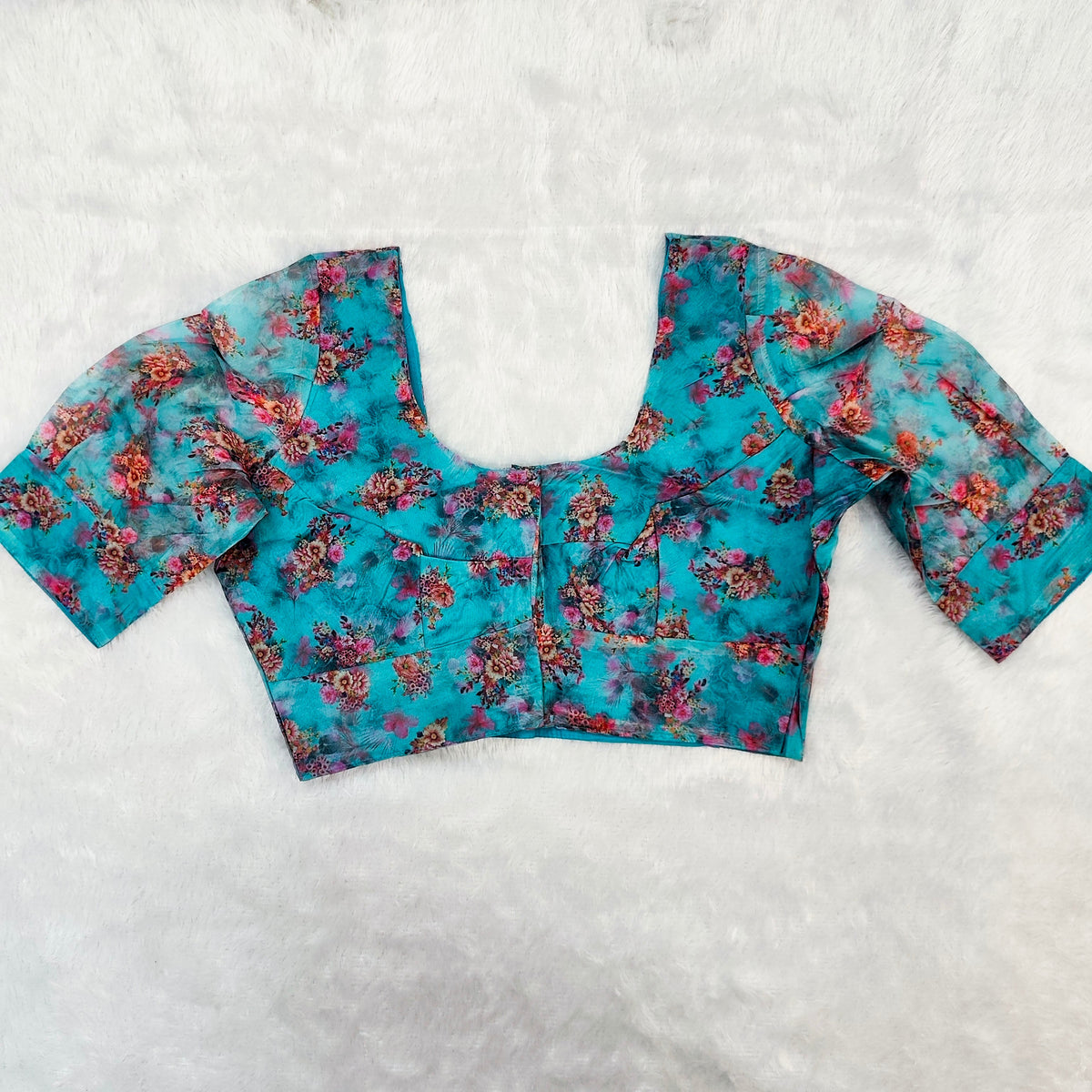 Organza Puff Blouse Blue with Floral Print