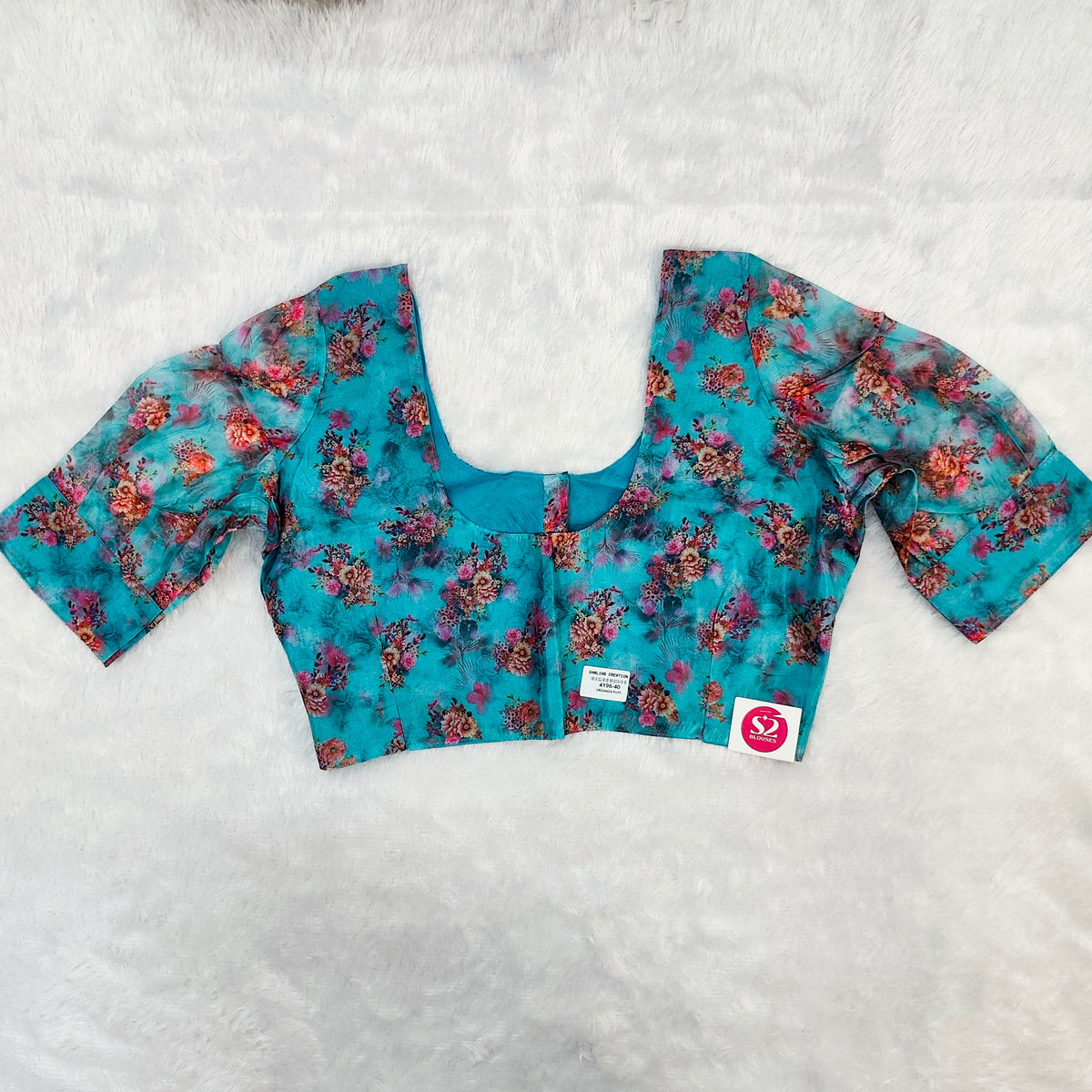 Organza Puff Blouse Blue with Floral Print