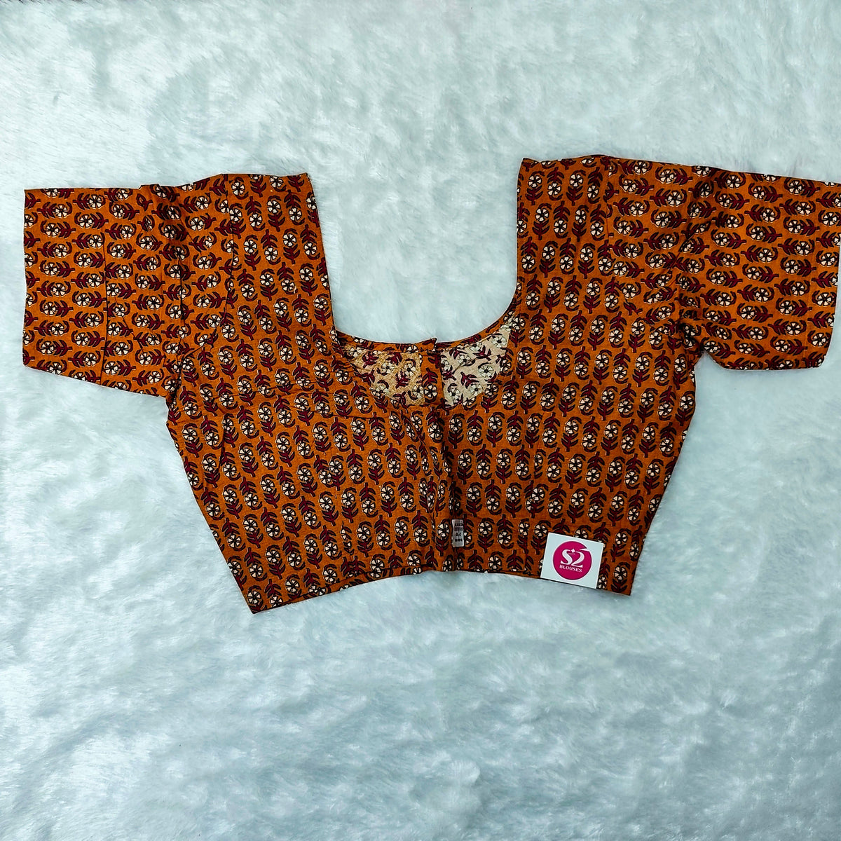 Everyday Wear Cotton Ajrak Print Blouse in Orange