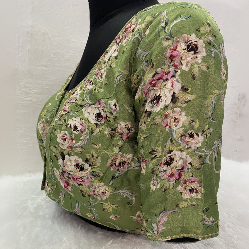 Designer Blouse with Floral Green Fabric