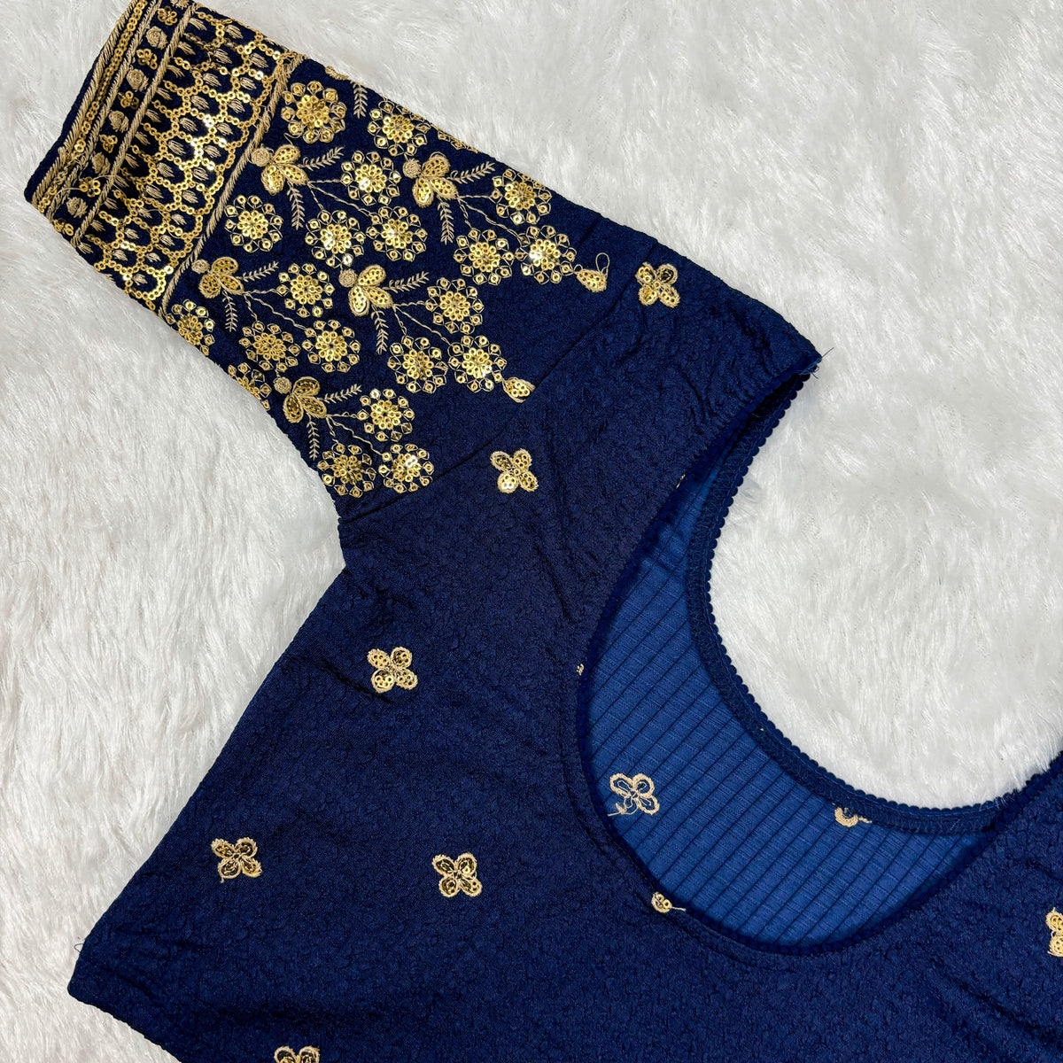 Work Wear Stretchable Blouse - Royal Blue with Golden Embroidery