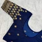 Work Wear Stretchable Blouse - Royal Blue with Golden Embroidery