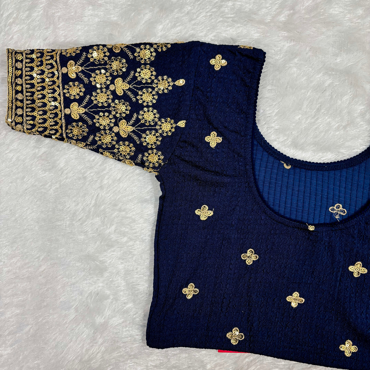 Work Wear Stretchable Blouse - Royal Blue with Golden Embroidery