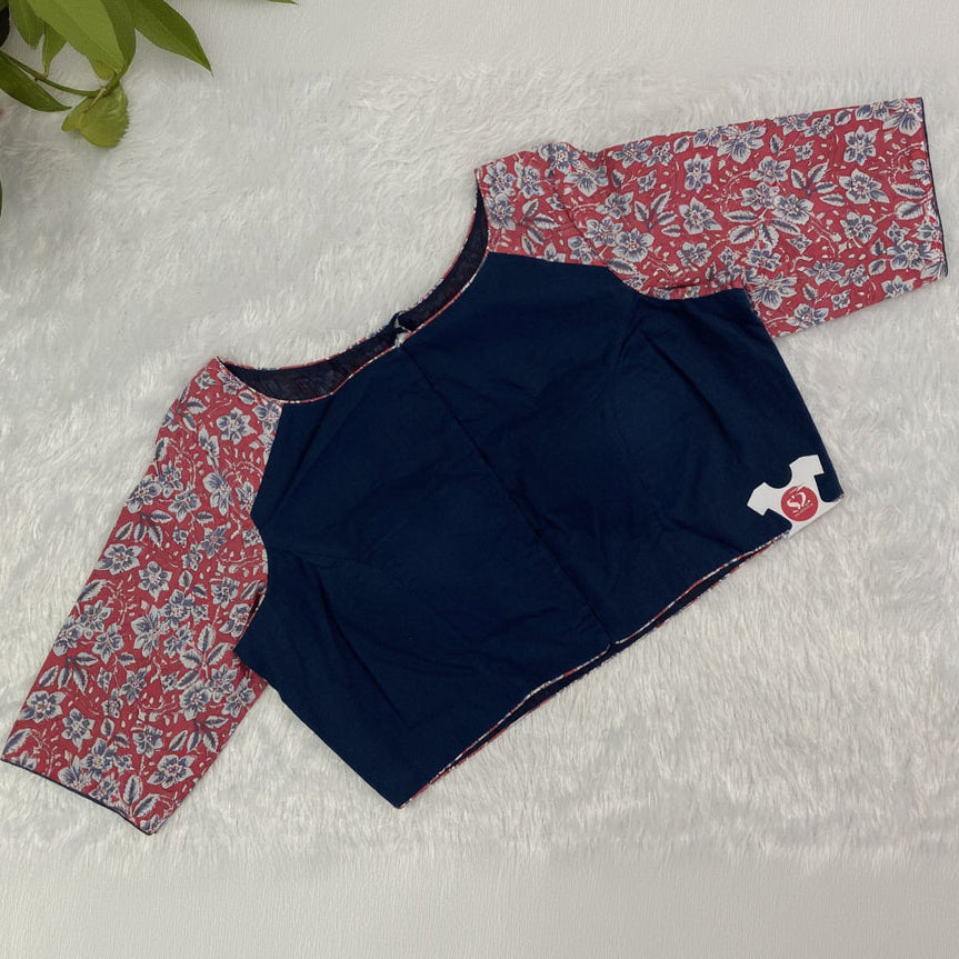 Designer Blouse in Dark Blue with Floral Sleeves
