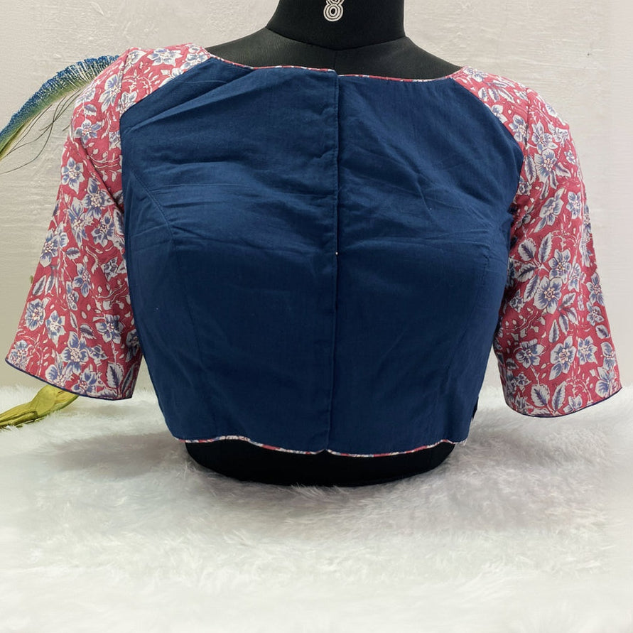 Designer Blouse in Dark Blue with Floral Sleeves