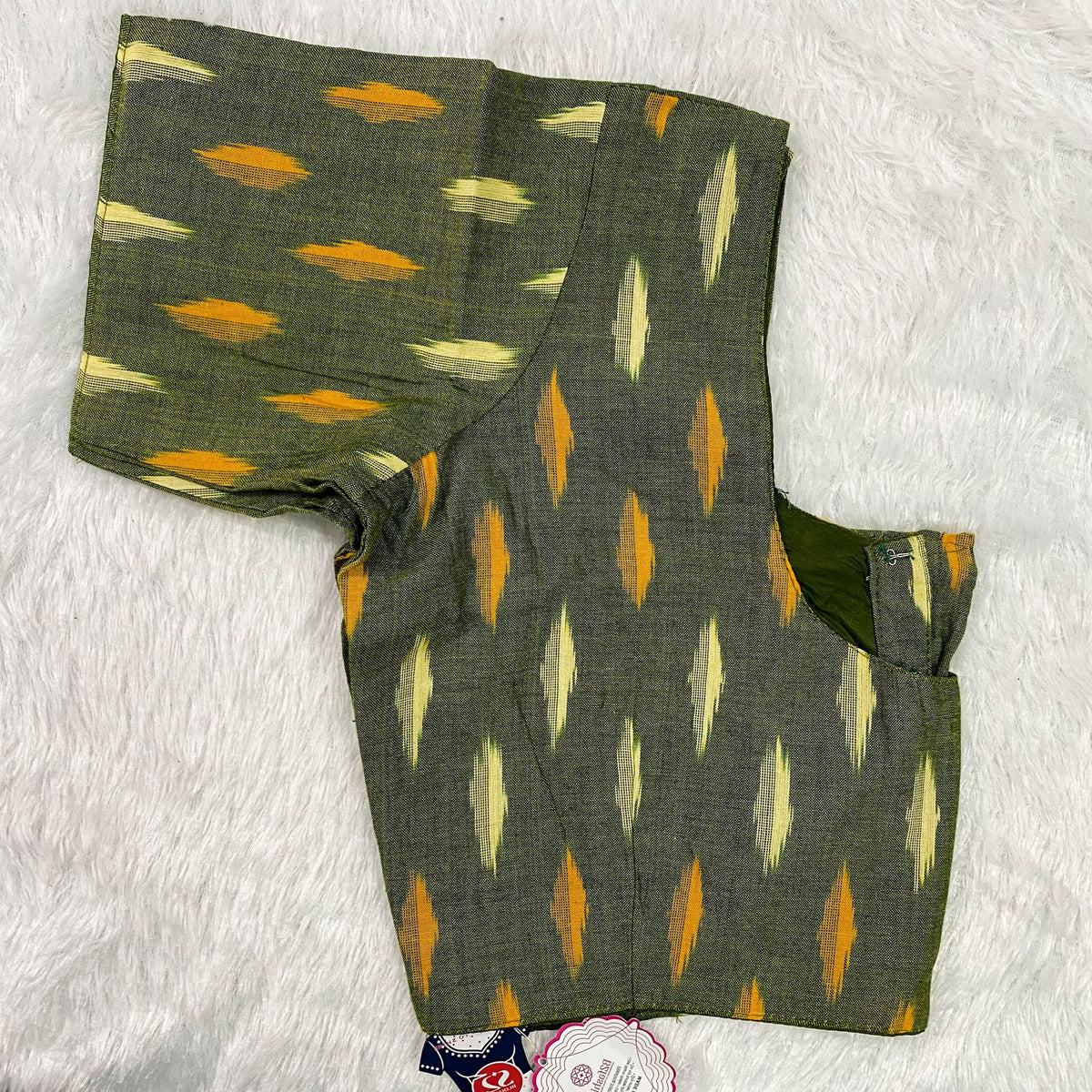 Everyday Wear Cotton Ikkat Blouse in Olive Green