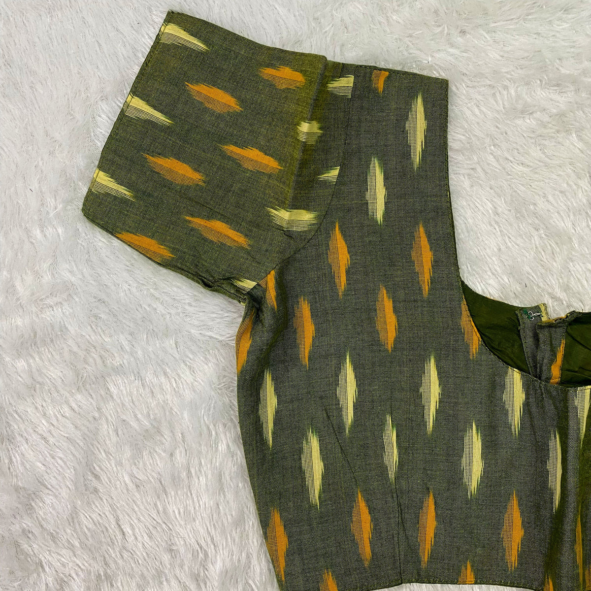 Everyday Wear Cotton Ikkat Blouse in Olive Green