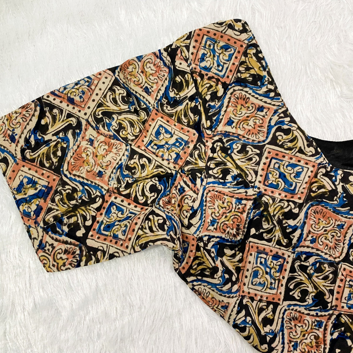 Everyday Cotton Handloom Kalamkari Blouse - Navy Blue & Beige