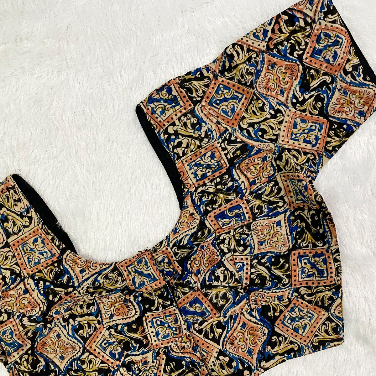 Everyday Cotton Handloom Kalamkari Blouse - Navy Blue & Beige