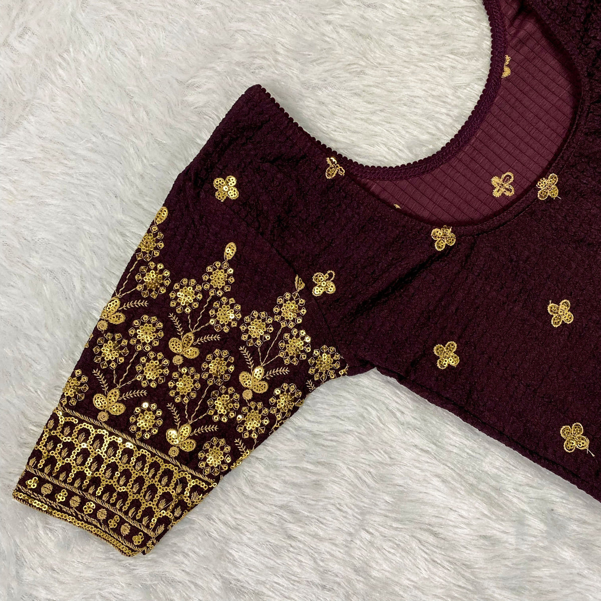 Work Wear Stretchable Blouse - Maroon with Golden Embroidery