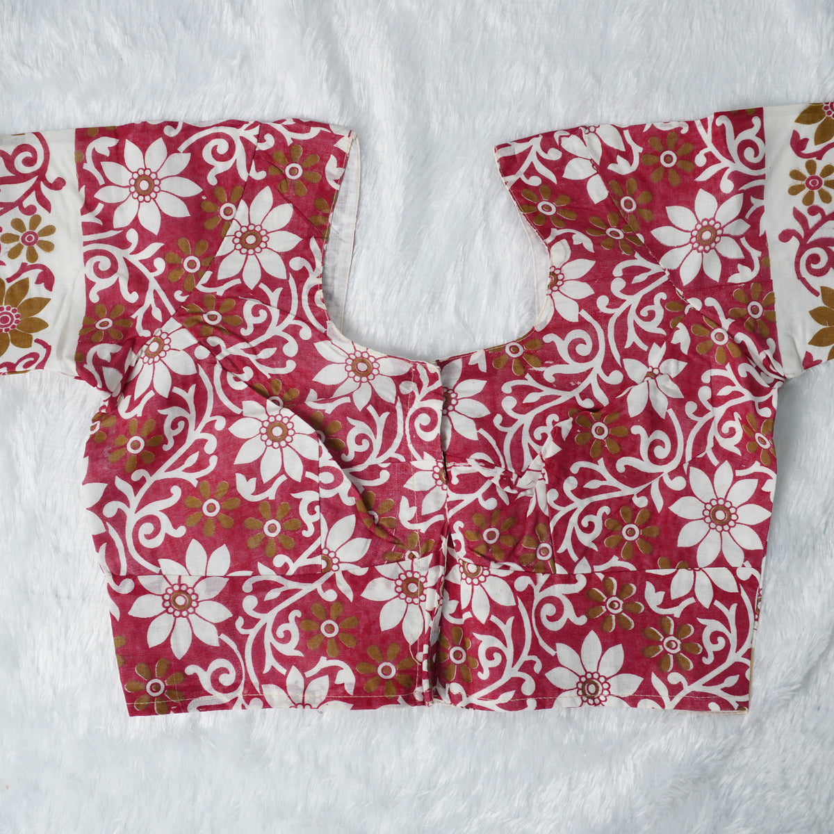 Floral and Vine Patterns Red Hand-Block Printed Cotton Blouse