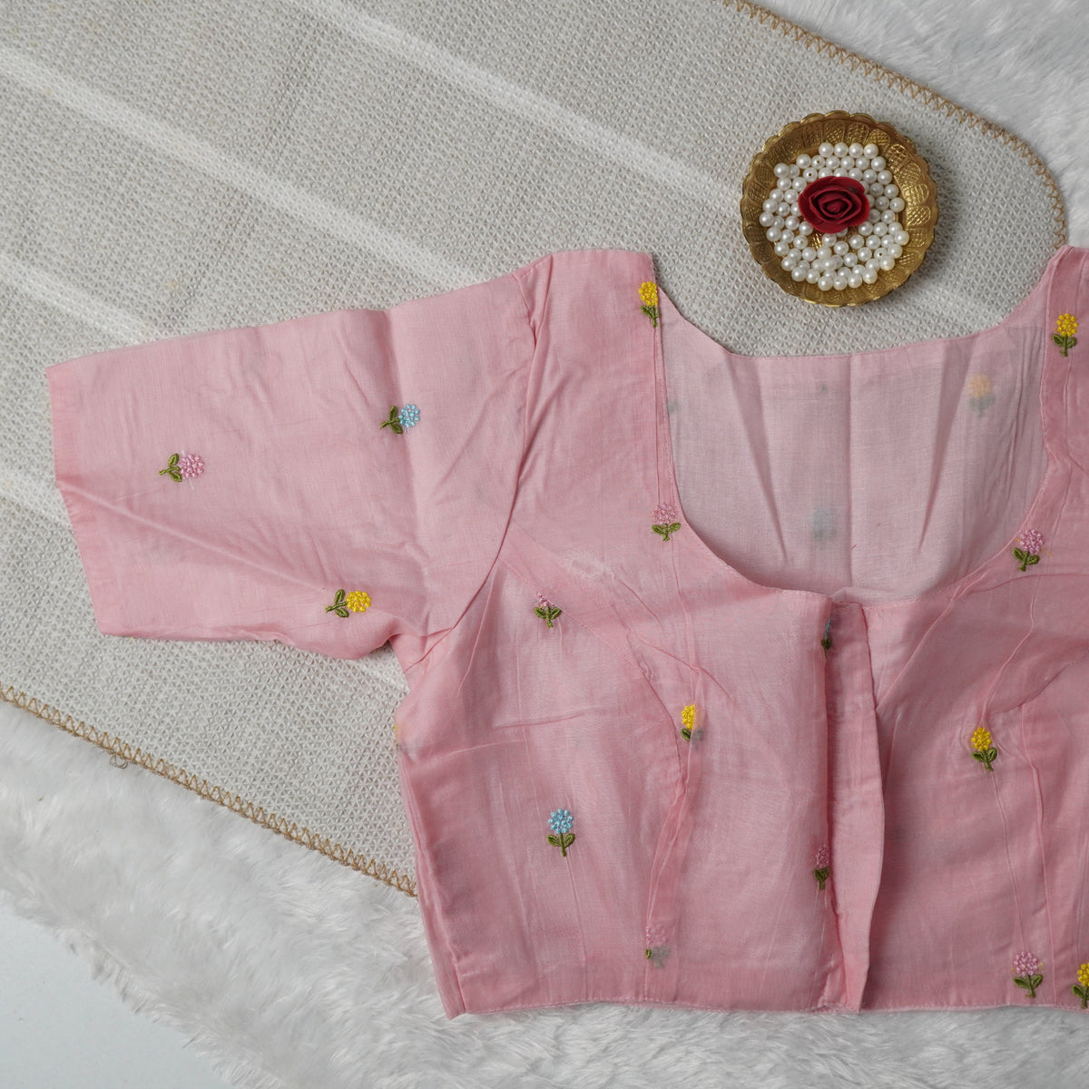 Flower Embroidery Work Pink Hand-Embroidered Cotton Blouse