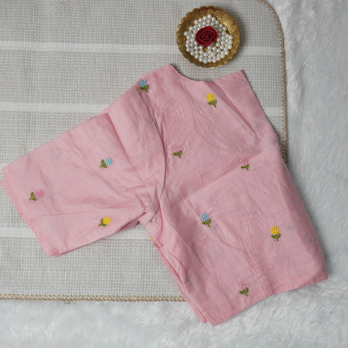 Flower Embroidery Work Pink Hand-Embroidered Cotton Blouse
