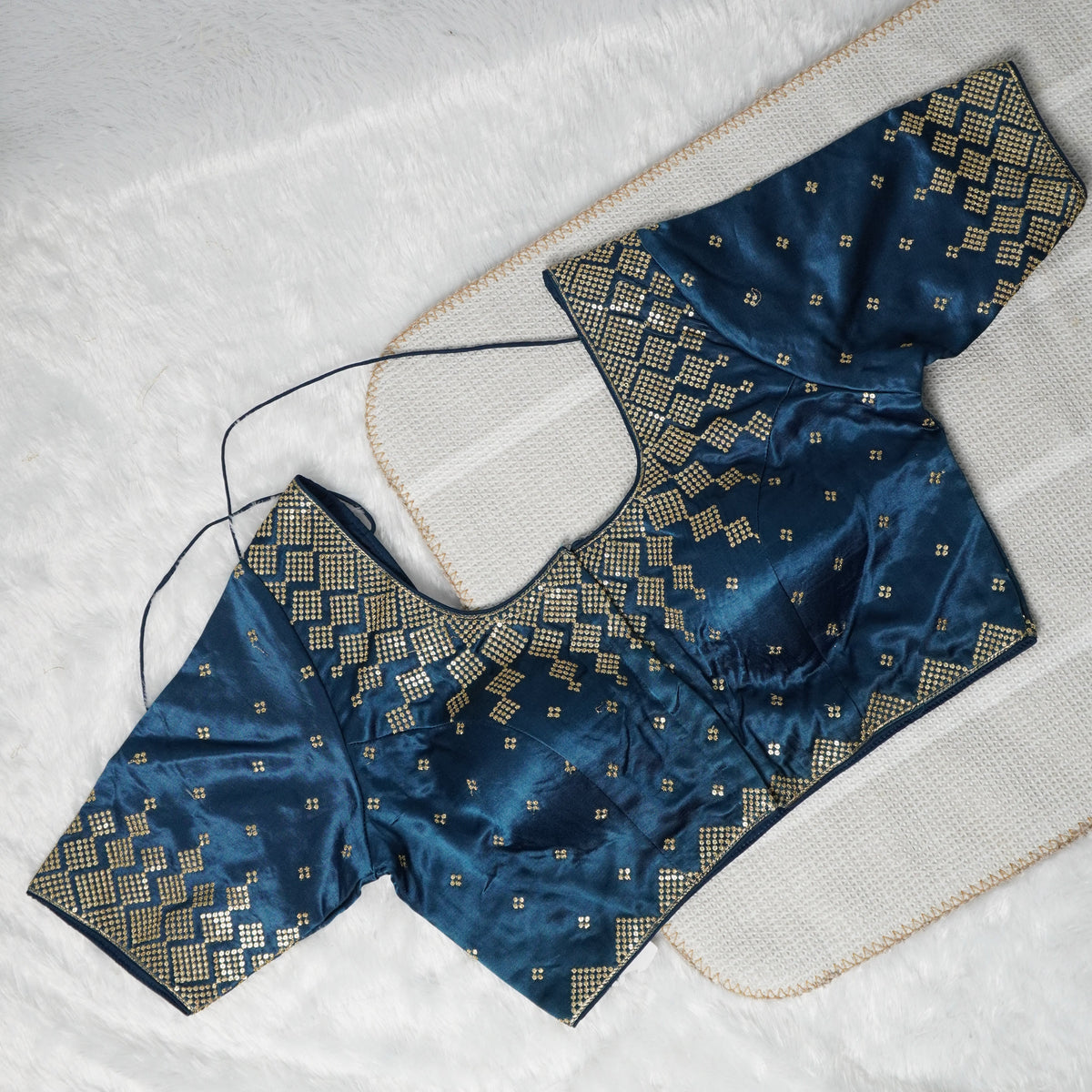 Peacock Blue Designer Blouse with Golden Detailing Readymade Blouse