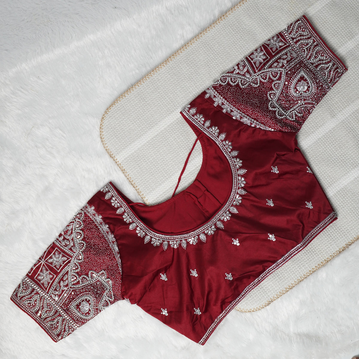Silver Zari Coding and Sequence Embroidery Bridals Style Readymade Blouse