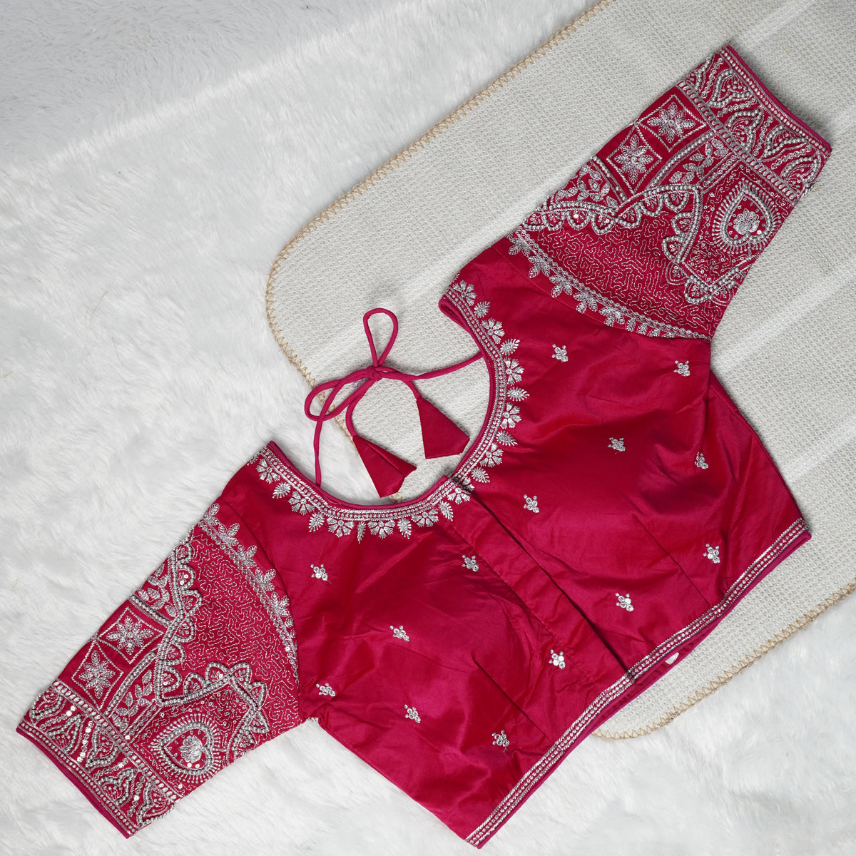 Silver Zari Coding and Sequence Embroidery Bridals Style Readymade Blouse