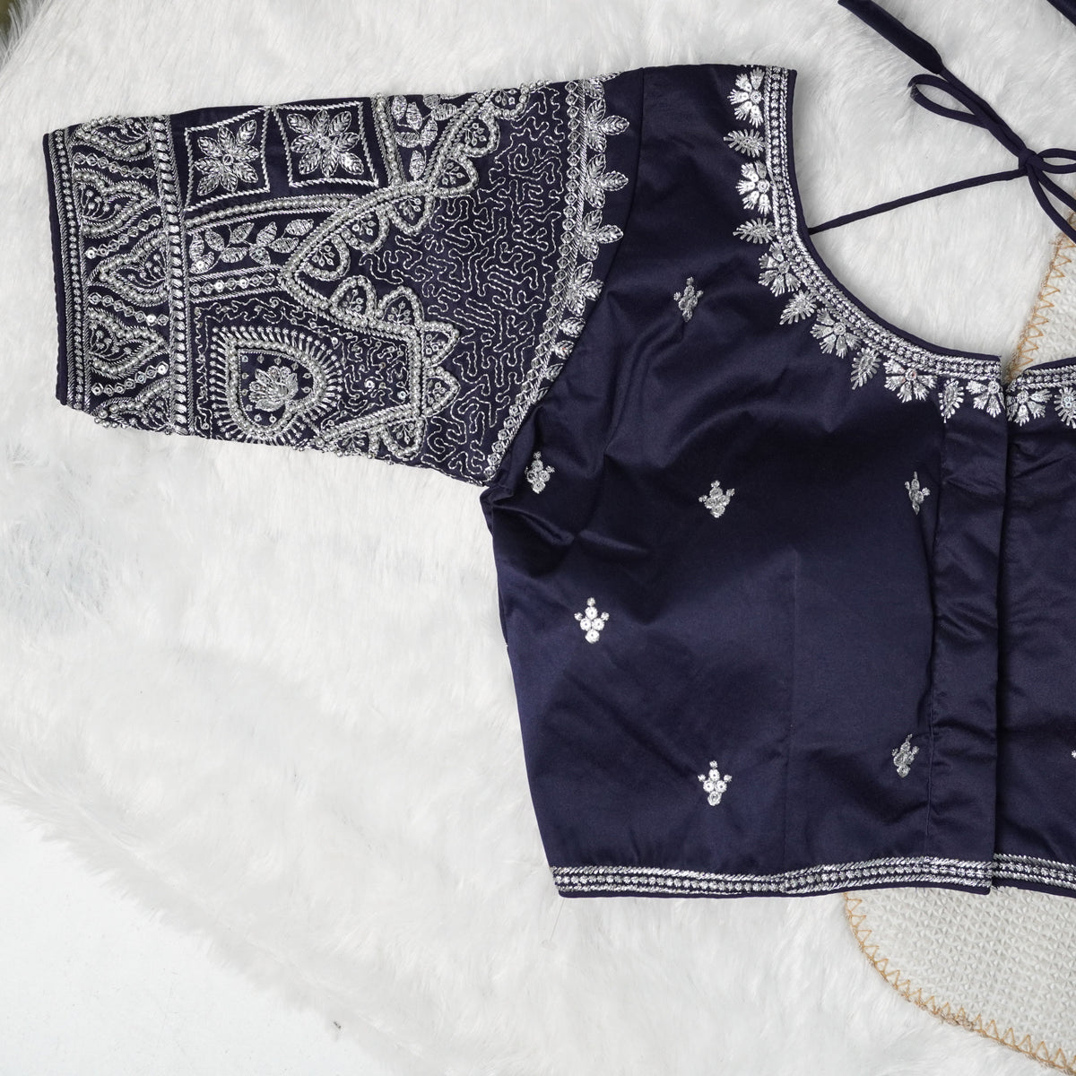 Silver Zari Coding and Sequence Embroidery Bridals Style Readymade Blouse