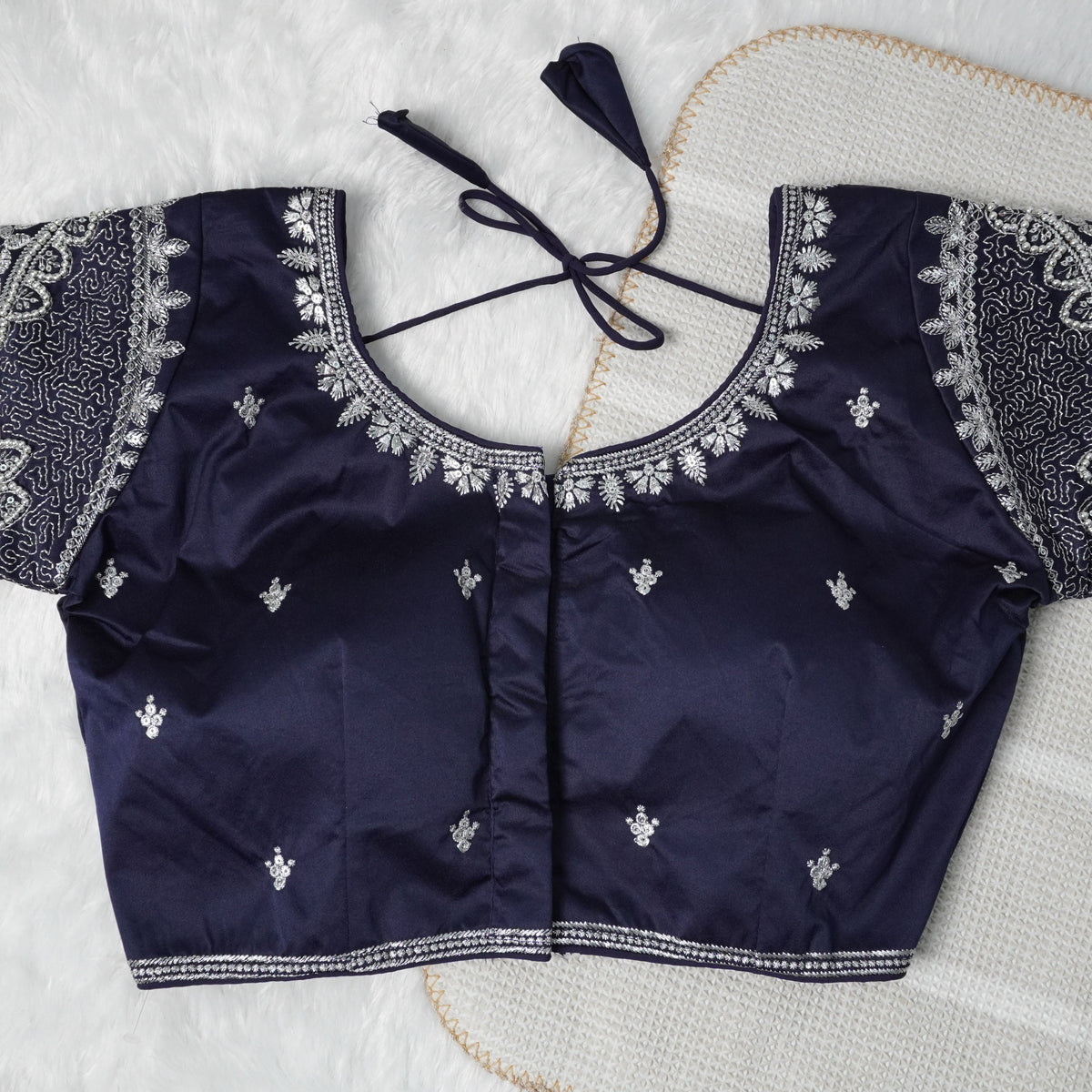 Silver Zari Coding and Sequence Embroidery Bridals Style Readymade Blouse