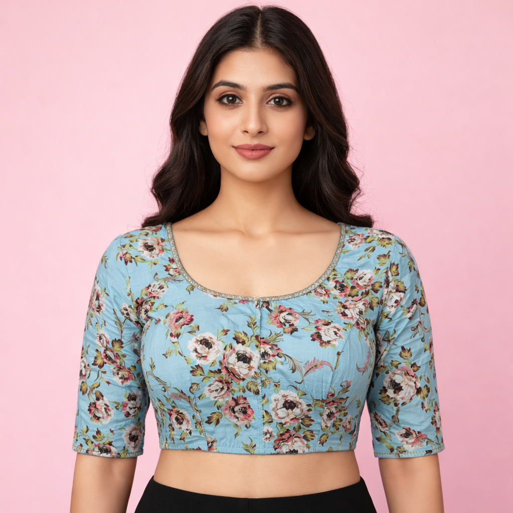 Designer Blouse with Light Blue Floral Fabric