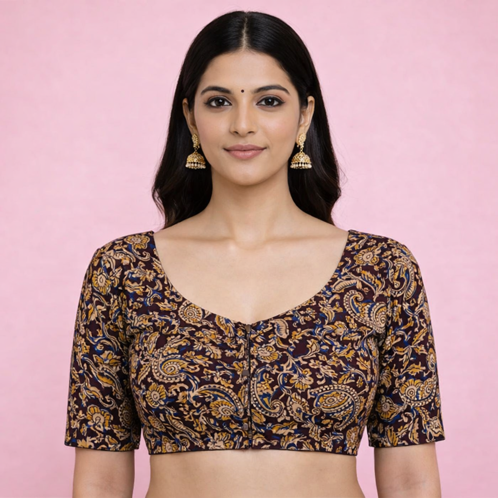 Everyday Cotton Handloom Kalam-Kari Blouse - Brown & Blue