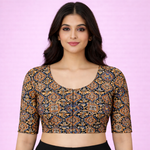 Everyday Cotton Handloom Kalamkari Blouse - Navy Blue & Beige