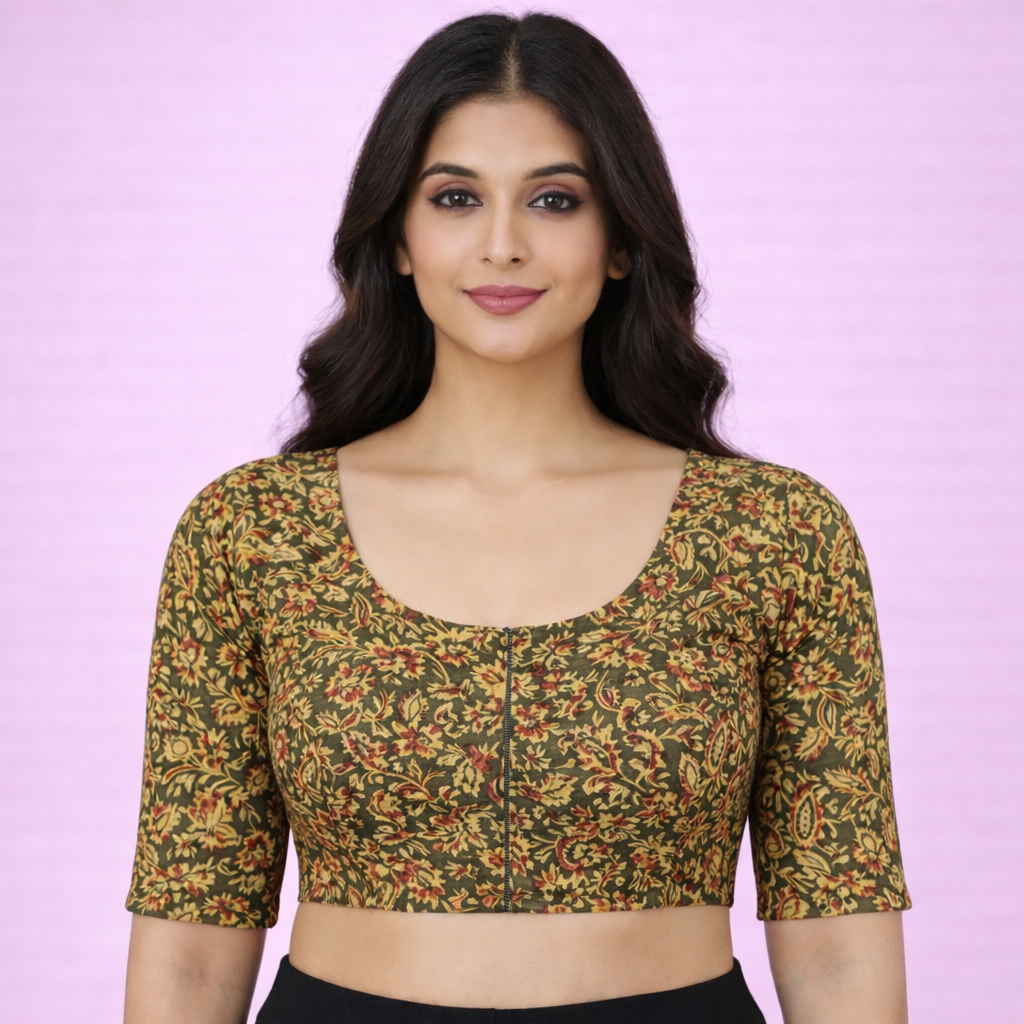 Everyday Cotton Handloom Kalamkari Blouse - Olive Green