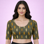 Everyday Wear Cotton Ikkat Blouse in Olive Green