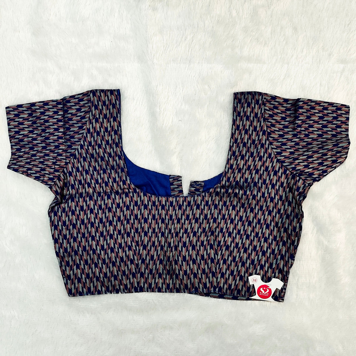Queen Cotton Blouse Navy Blue with Geometric Print