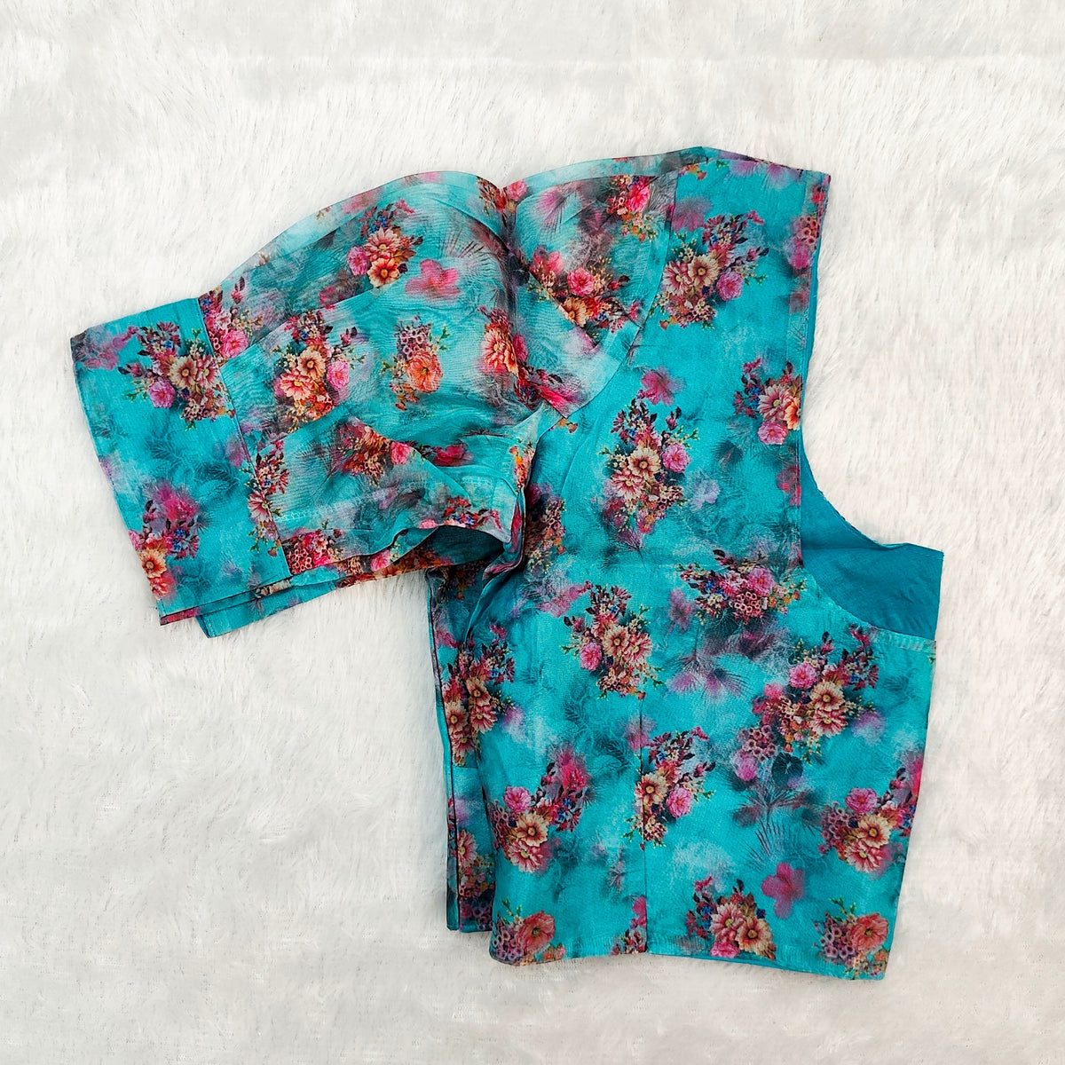 Organza Puff Blouse Blue with Floral Print