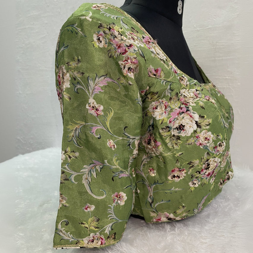 Designer Blouse with Floral Green Fabric