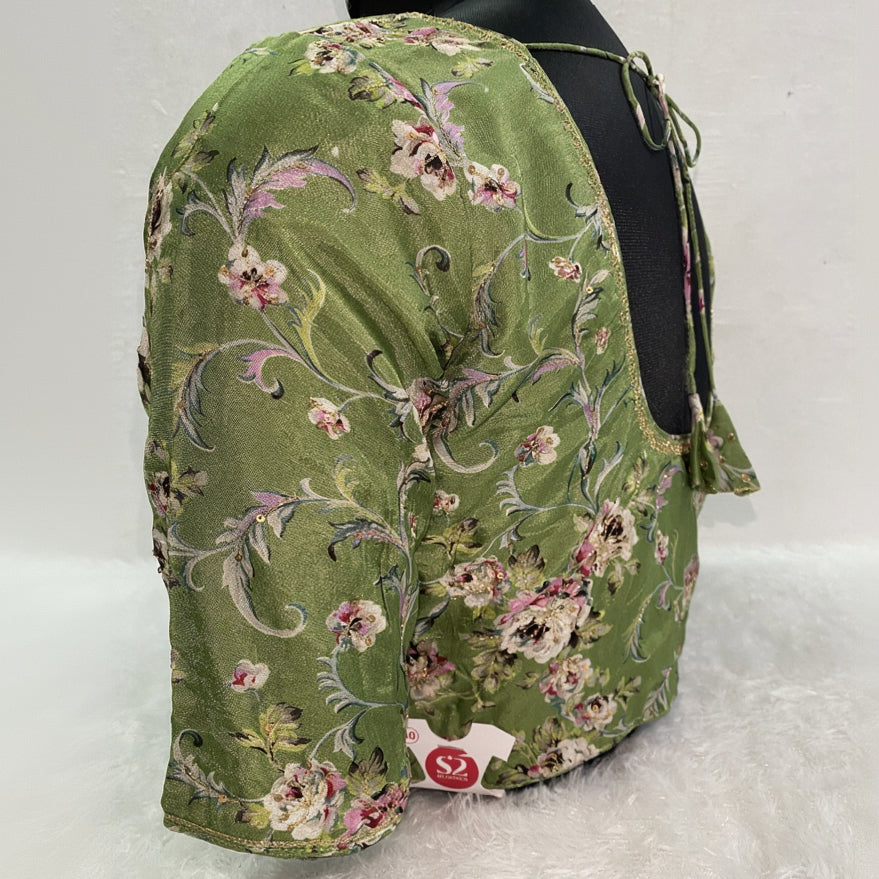 Designer Blouse with Floral Green Fabric