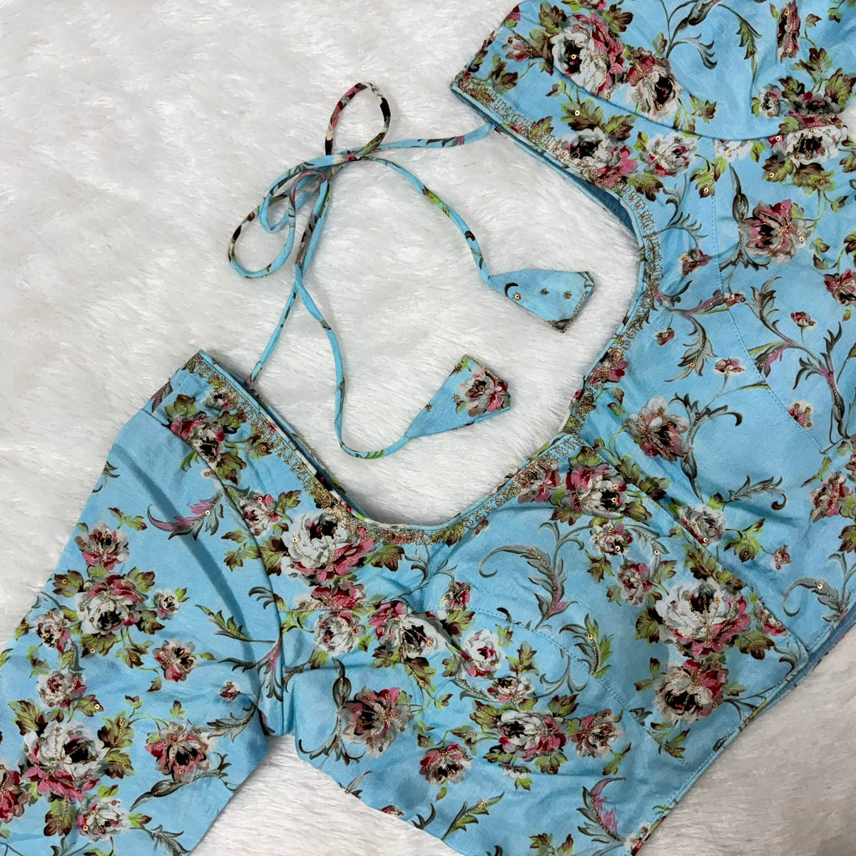 Designer Blouse with Light Blue Floral Fabric