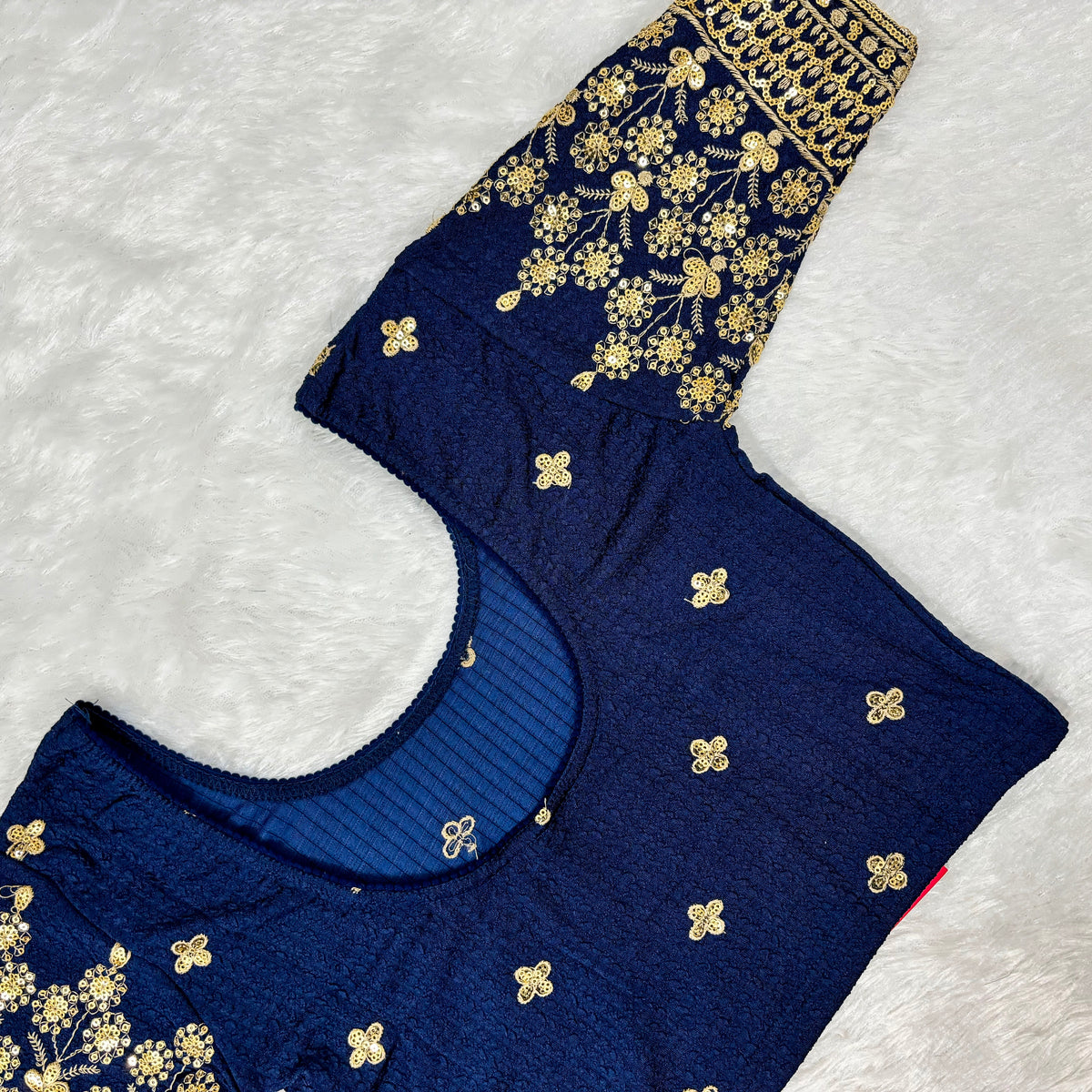 Work Wear Stretchable Blouse - Royal Blue with Golden Embroidery