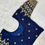 Work Wear Stretchable Blouse - Royal Blue with Golden Embroidery