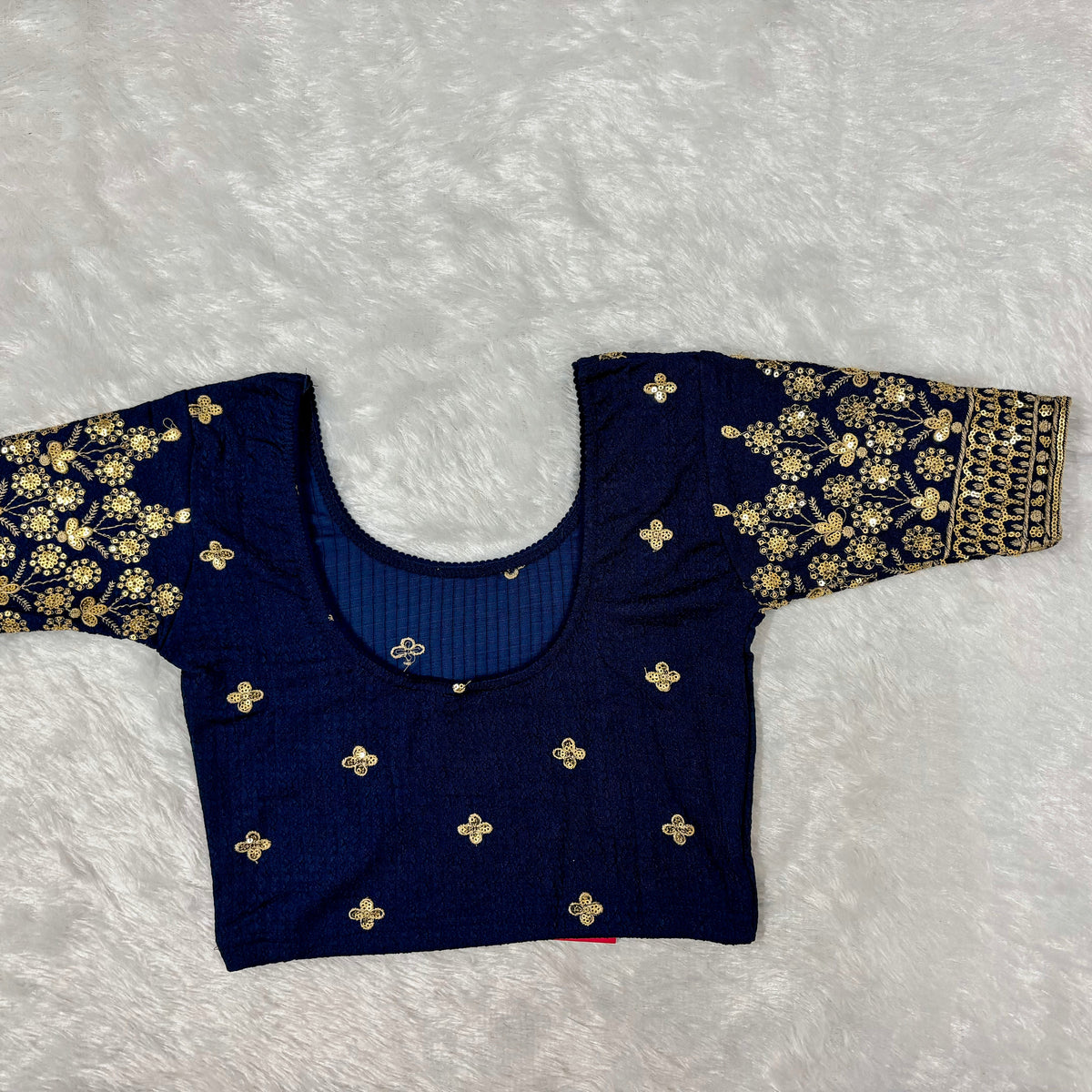 Work Wear Stretchable Blouse - Royal Blue with Golden Embroidery