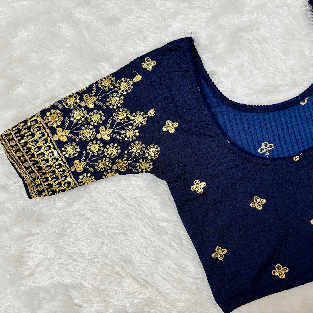 Work Wear Stretchable Blouse - Royal Blue with Golden Embroidery