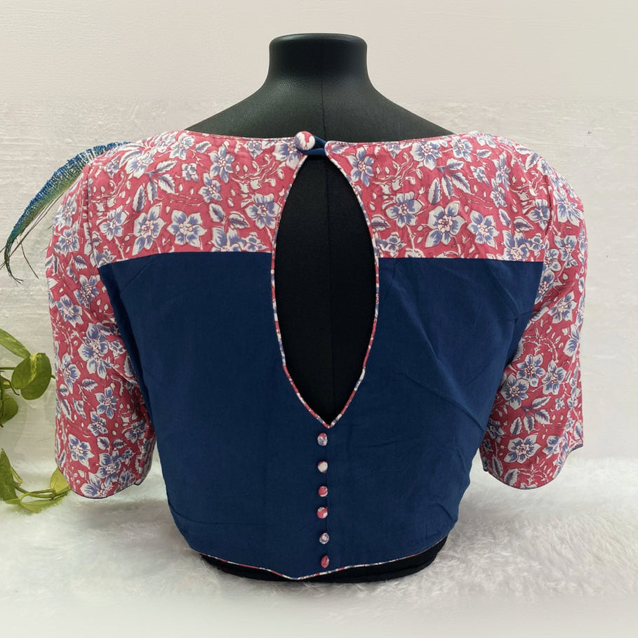 Designer Blouse in Dark Blue with Floral Sleeves