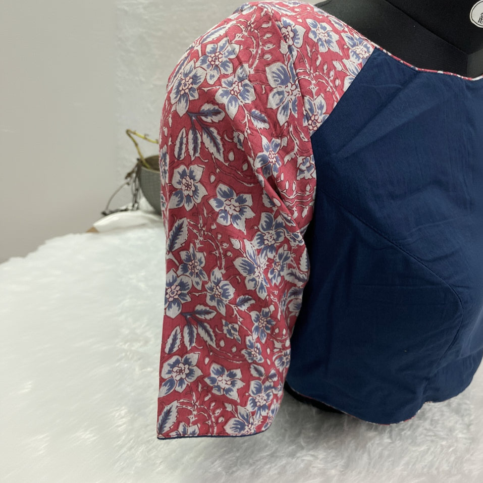 Designer Blouse in Dark Blue with Floral Sleeves