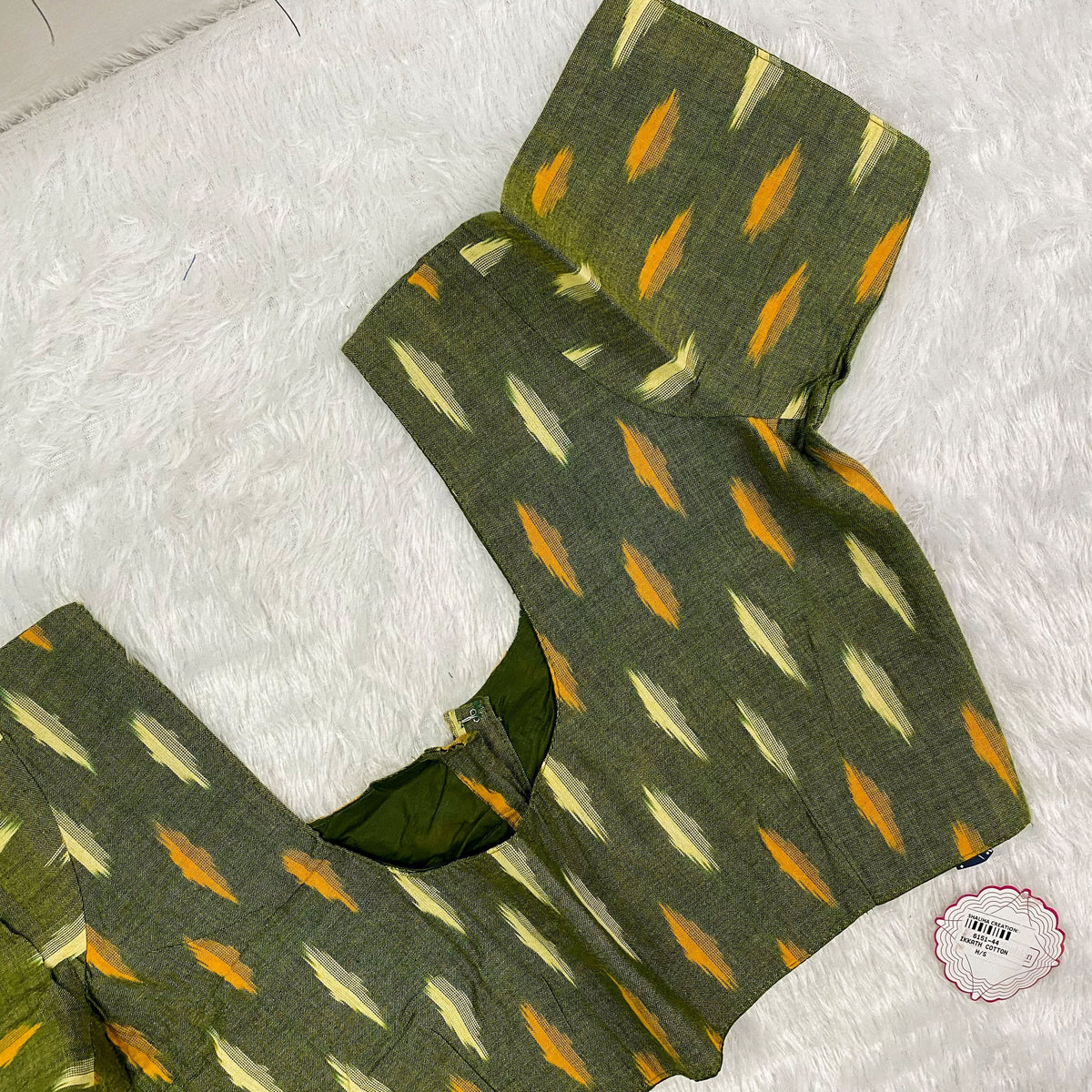 Everyday Wear Cotton Ikkat Blouse in Olive Green