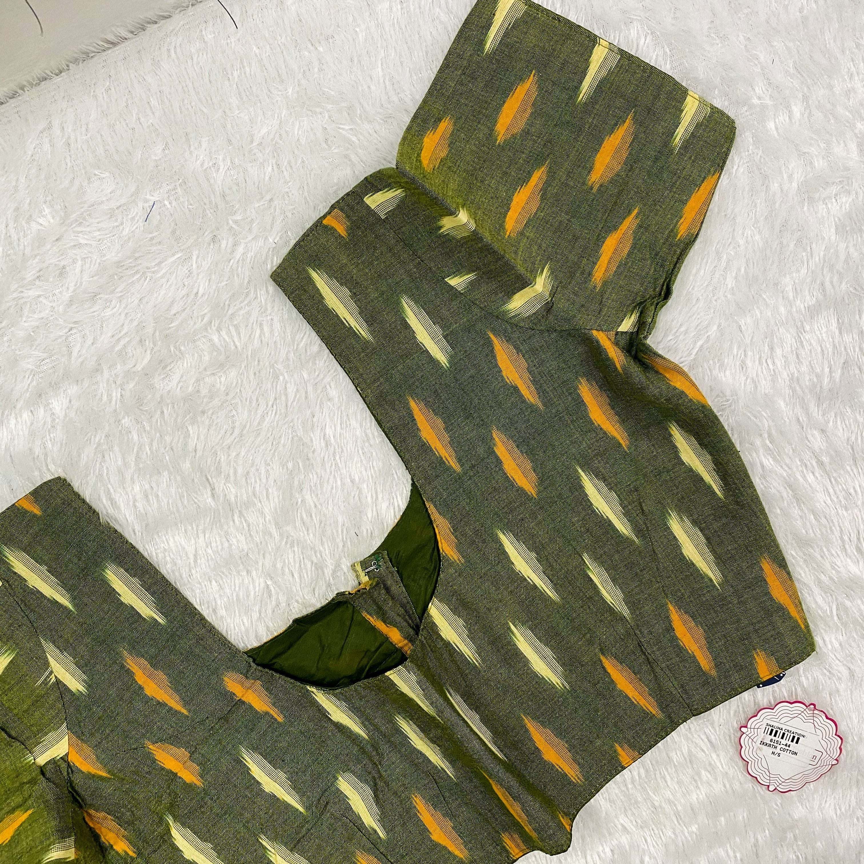 Everyday Wear Cotton Ikkat Blouse in Olive Green