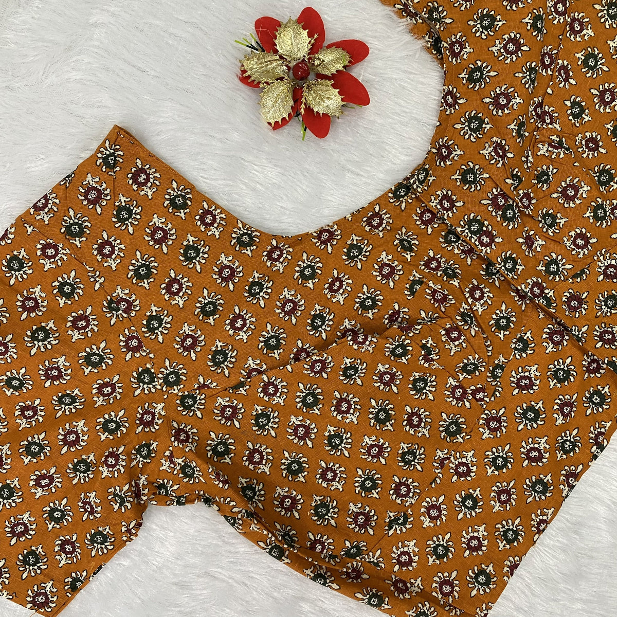 Everyday Wear Cotton Ajrak Print Blouse in Mustard Yellow