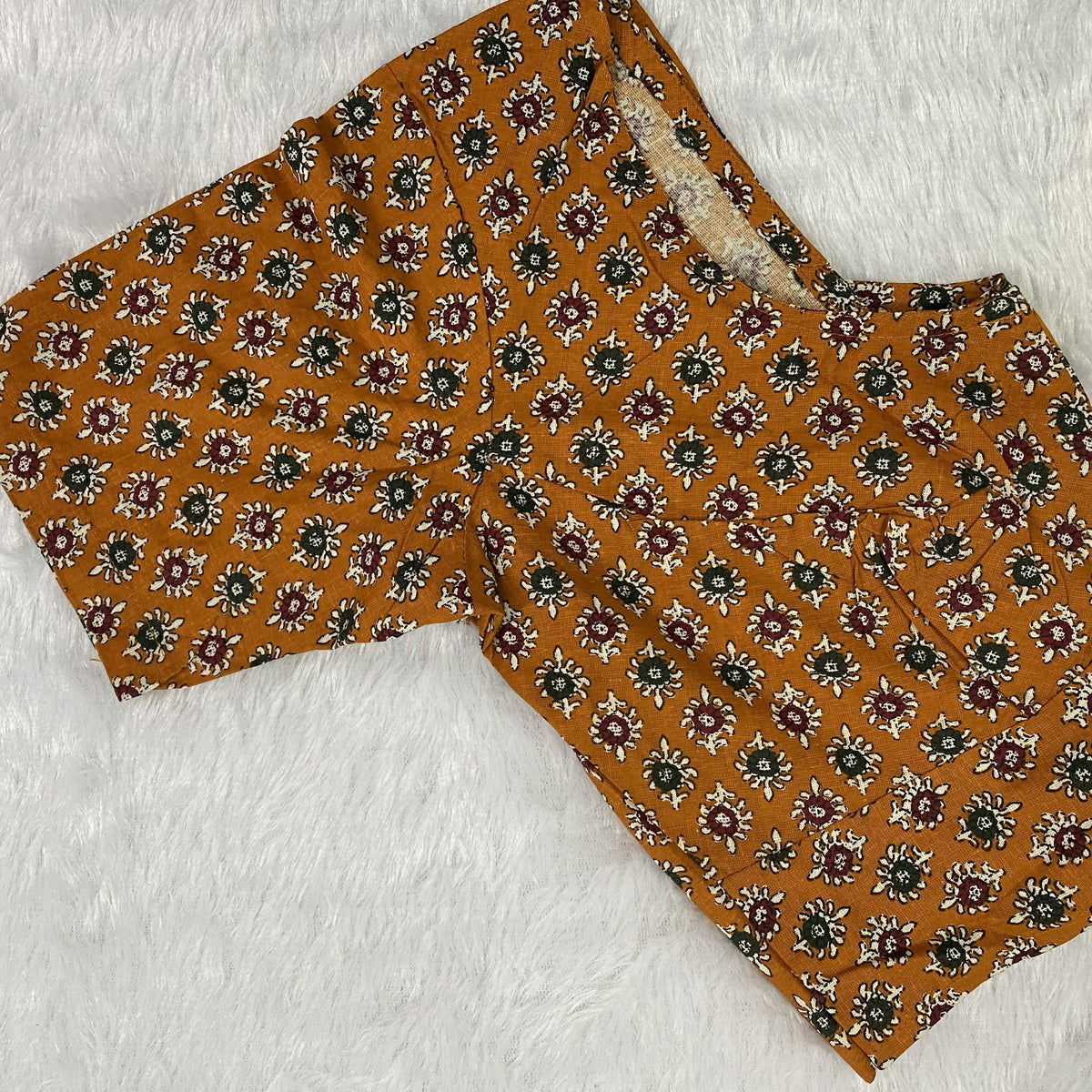 Everyday Wear Cotton Ajrak Print Blouse in Mustard Yellow