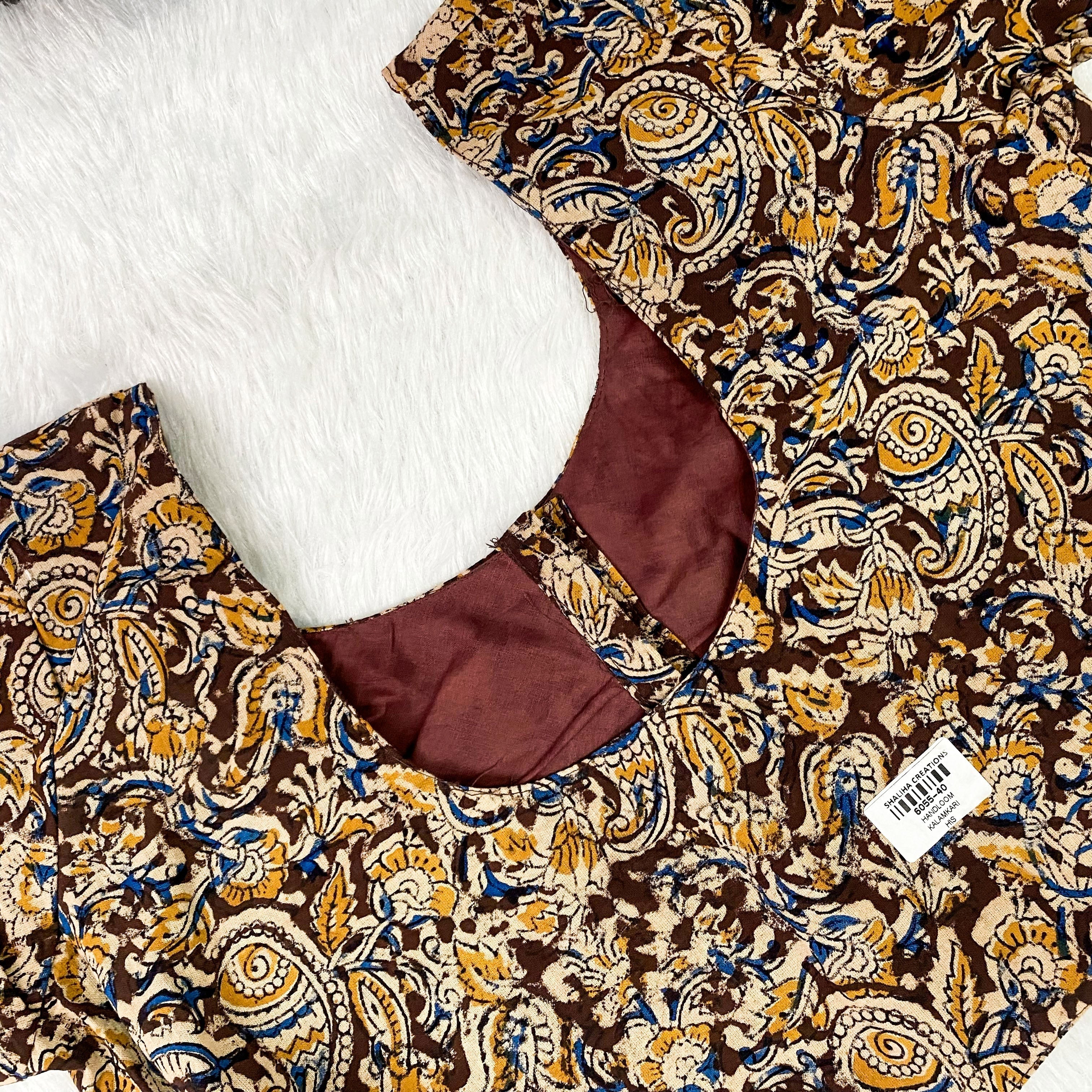 Everyday Cotton Handloom Kalam-Kari Blouse - Brown & Blue