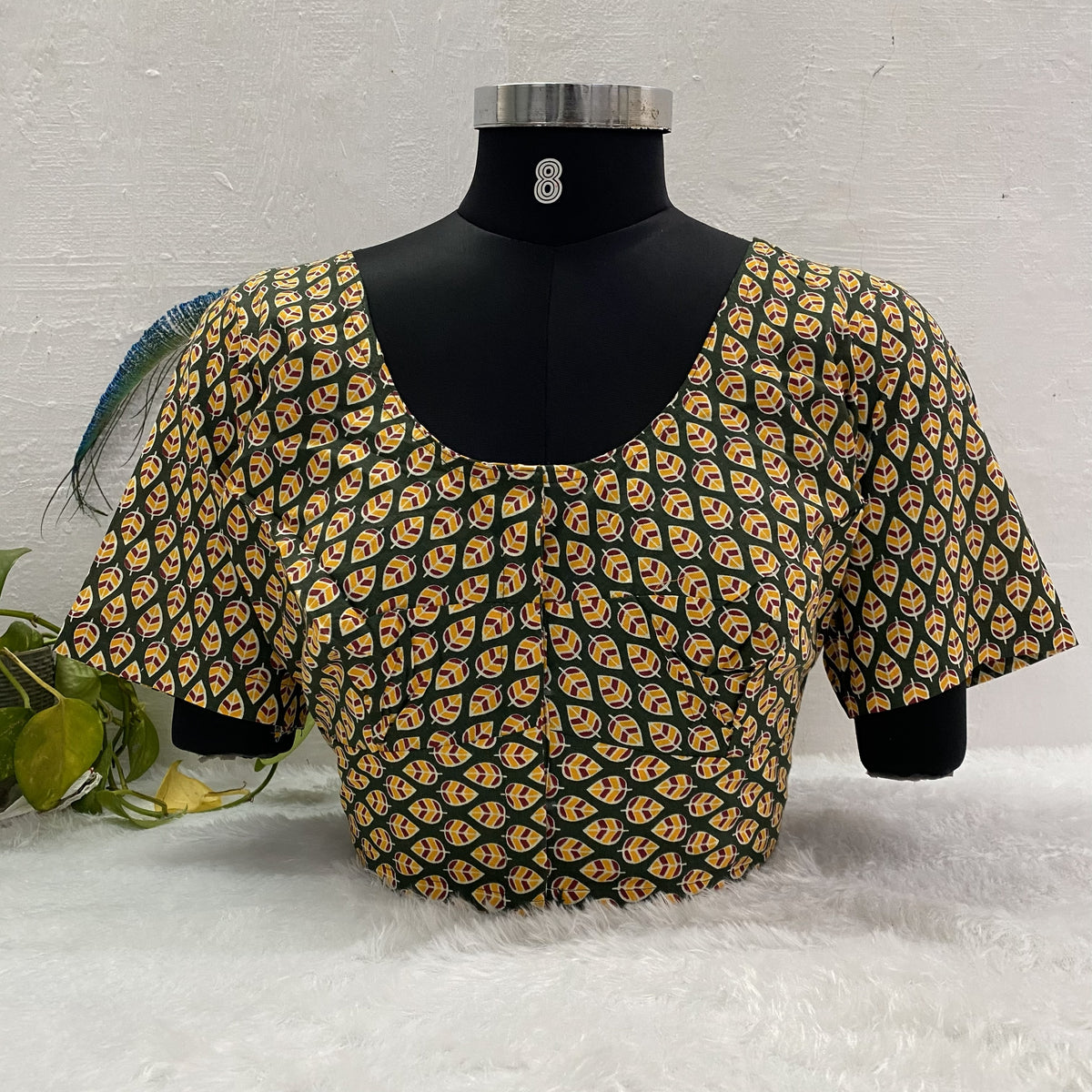 Everyday Wear Cotton Ajrak Print Blouse in Olive Green